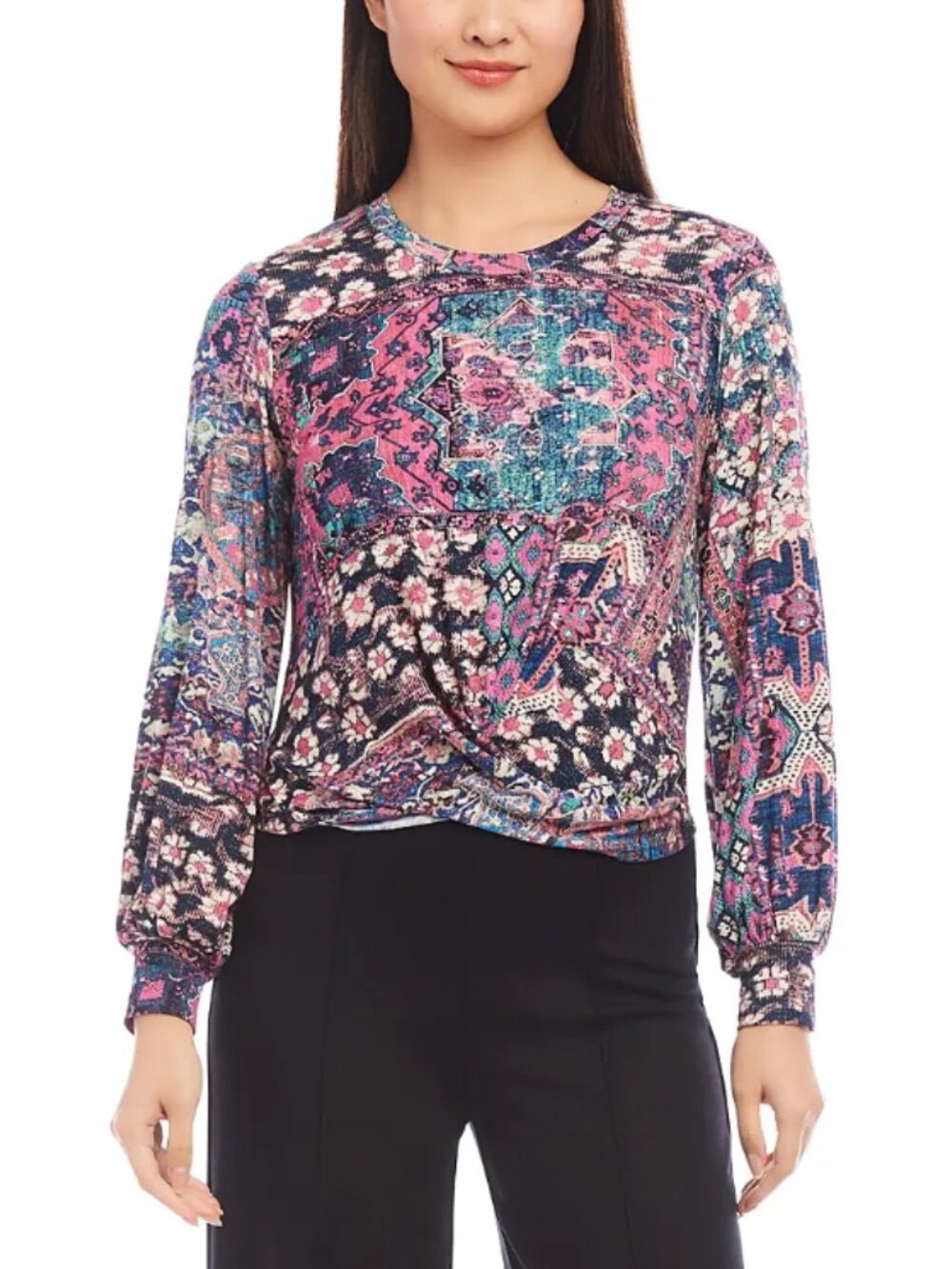 Karen Kane Pink & Teal Mixed-Print Long Sleeve Twist-Hem Top Shirt Blouse XL